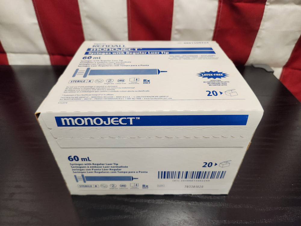 Kendall Monoject Syringes with Regular Luer Tip (60mL, Box of 20) - New/Open Box