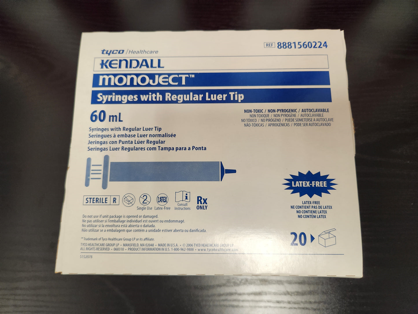 Kendall Monoject Syringes with Regular Luer Tip (60mL, Box of 20) - New/Open Box