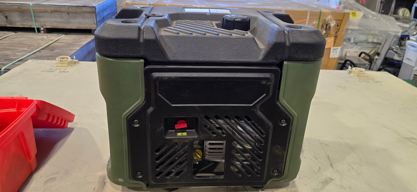 Rear view of green and black Sportsman GEN1850 portable generator showing ventilation panel on concrete floor with red container and pallet in background.