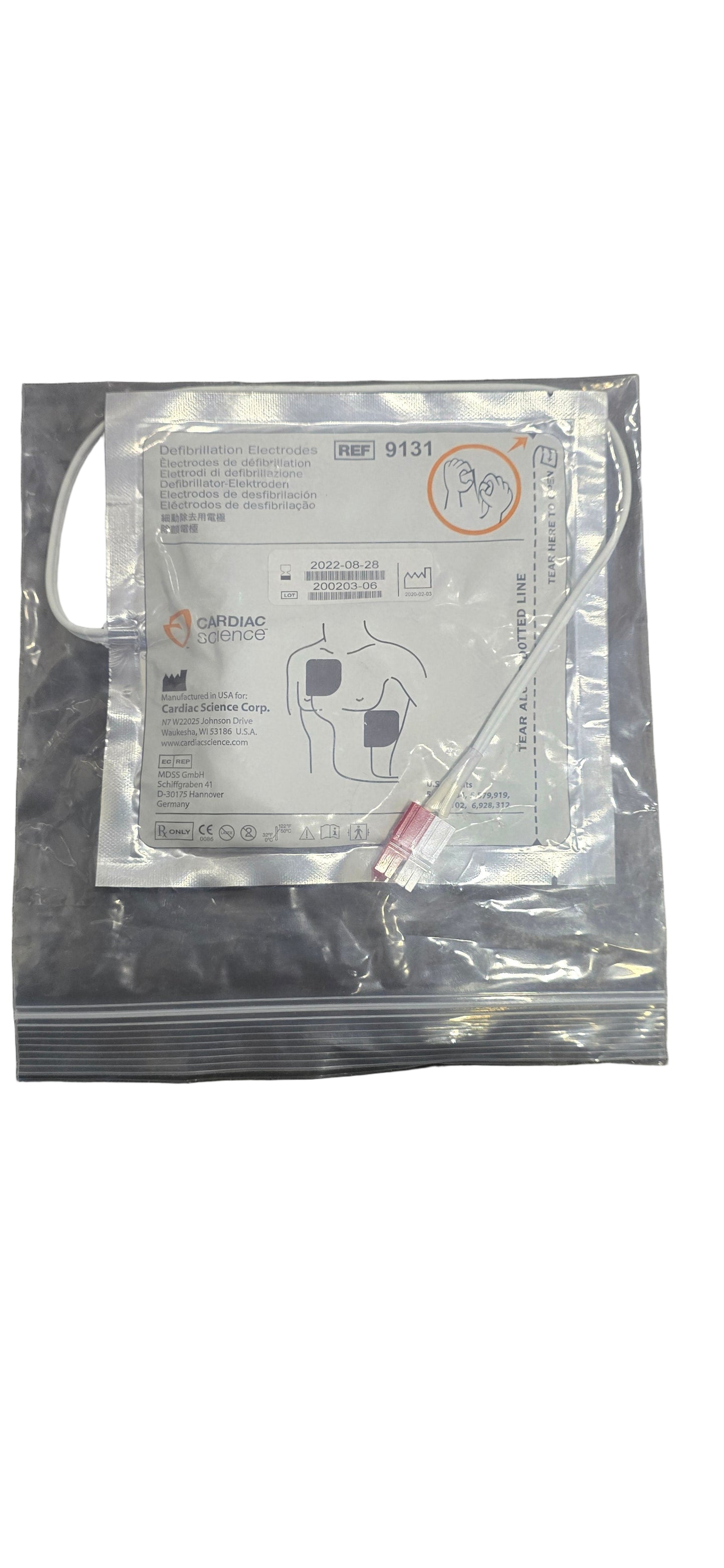 Sealed package of Cardiac Science 9131 AED training pads with electrode pads and connector plug for Powerheart G3 training.