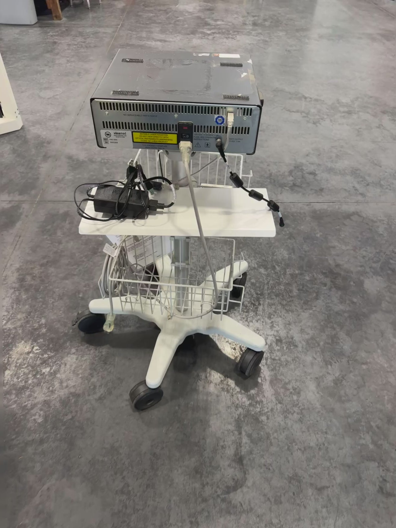 Video showing Vasamed SensiLase PAD 3000 Skin Perfusion Pressure unit operation and accessories on cart.