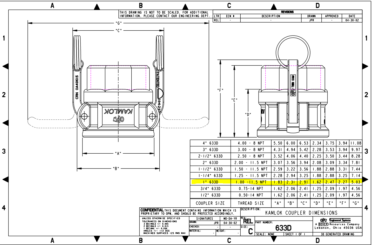 OPW Kamlok 633D-SS10 -- Stainless Steel FNPT Coupler 1