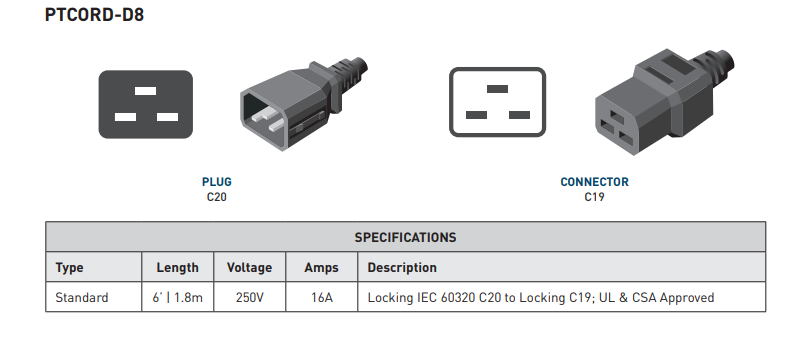 Server Technology PTCORD-D8 Locking IEC 60320/C19 To 60320/C20 - 6ft - 10 Units - USA Supply