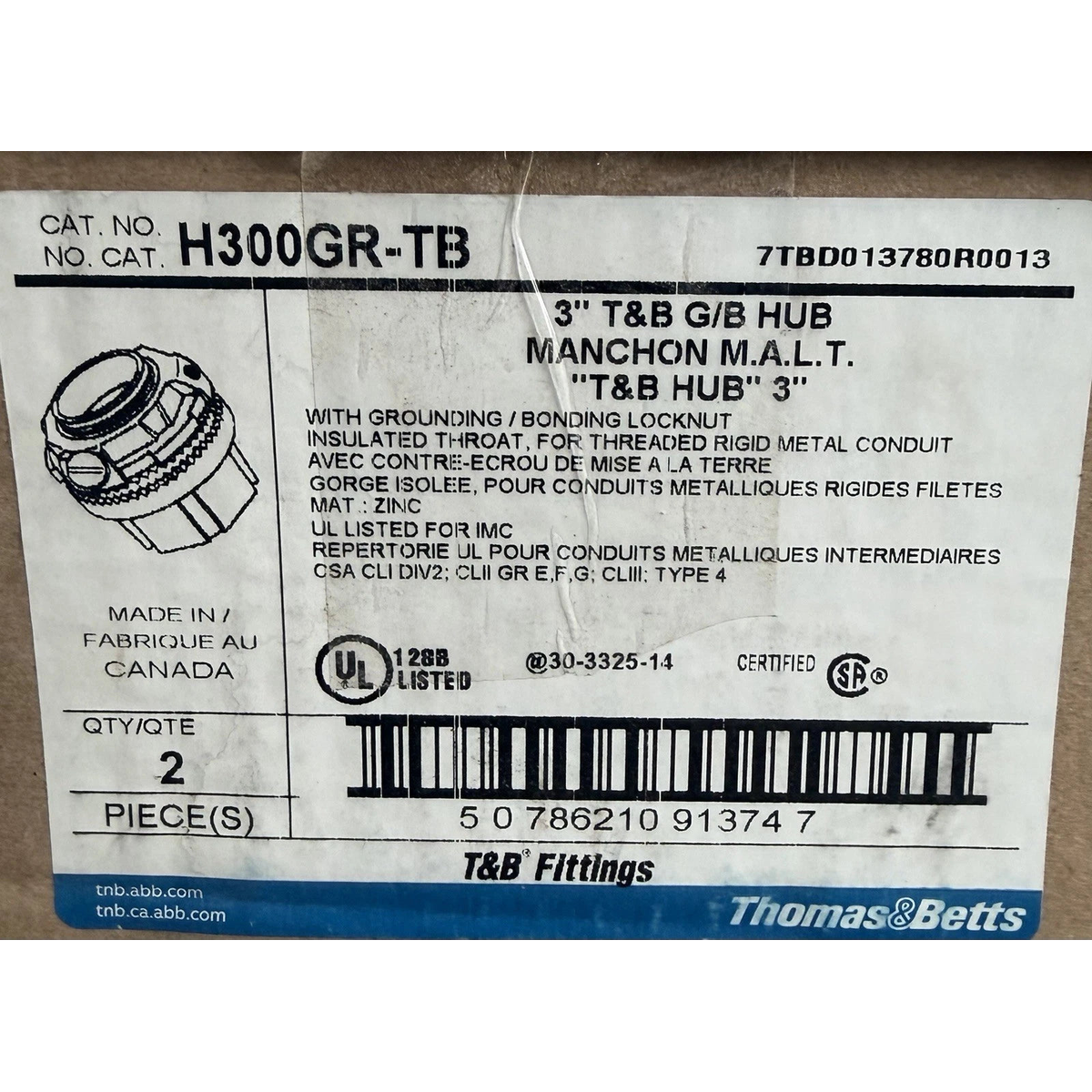 THOMAS & BETTS H300GR-TB 3" ZINC GR HUB CONDUIT NPT Box of 2 - part H300GRTB-3Z-2 - USA Supply