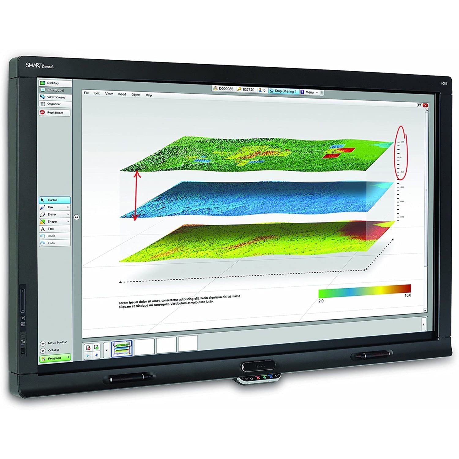 Smart Board 70-inch interactive flat panel display with HD touchscreen showing colorful data layers.