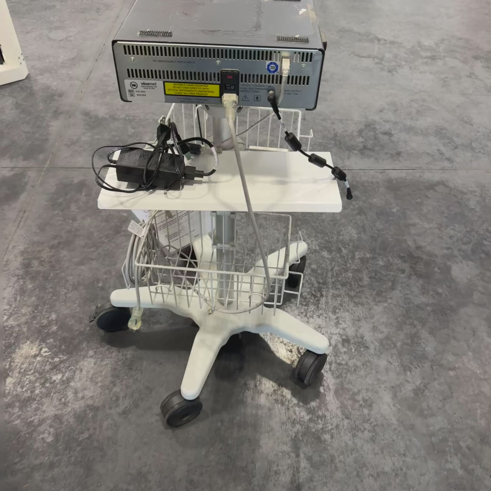 Video showing Vasamed SensiLase PAD 3000 Skin Perfusion Pressure unit operation and accessories on cart.