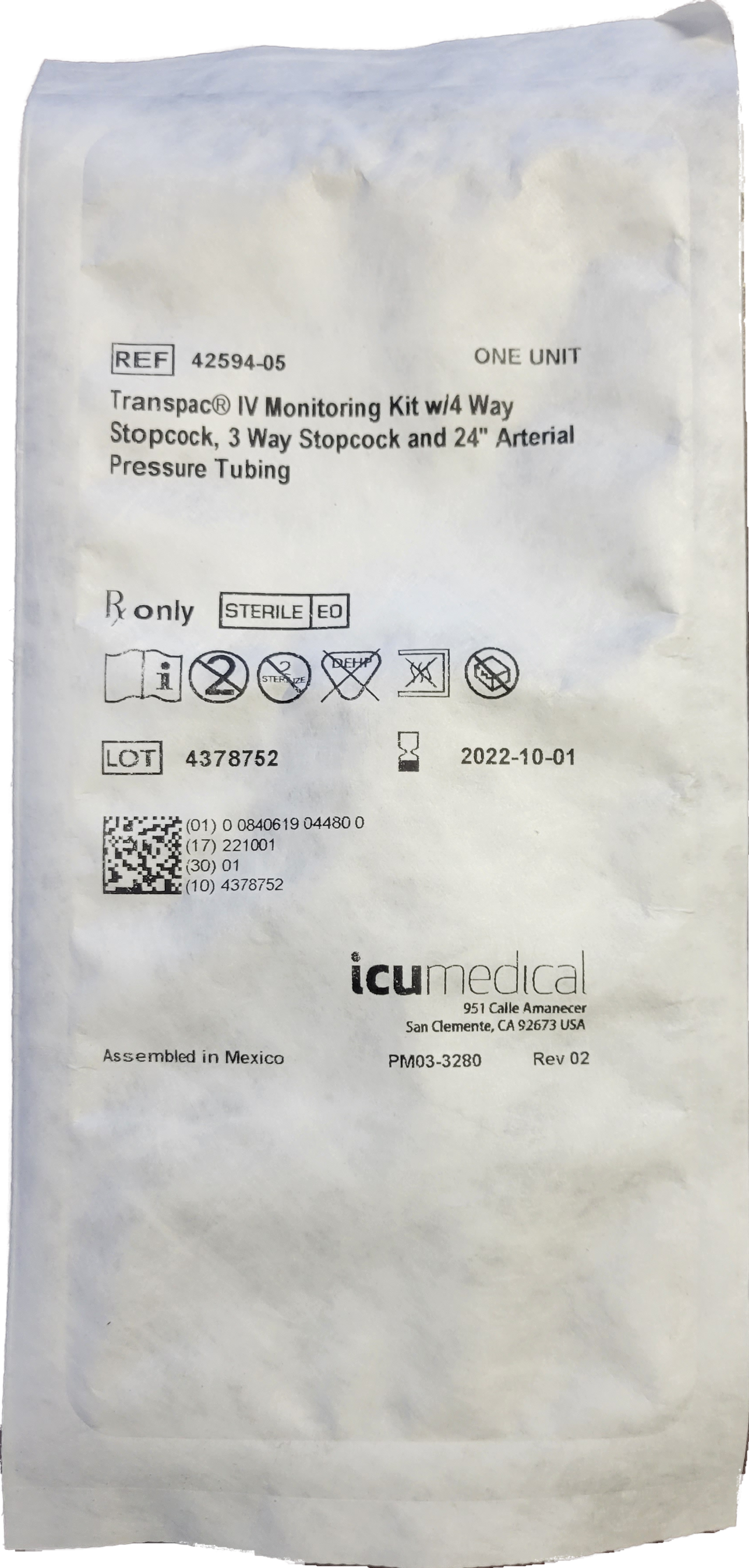 ICU Medical Transpac Transducers / Accessories - Monitor Kit for Transpac IV Pressure Transducers - 42594-05  (20Kits/Case) - Expires: 10-01-2022 - USA Supply