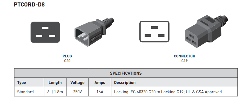 
                  
                    Server Technology PTCORD-D8 Locking IEC 60320/C19 To 60320/C20 - 6ft - 10 Units - USA Supply
                  
                