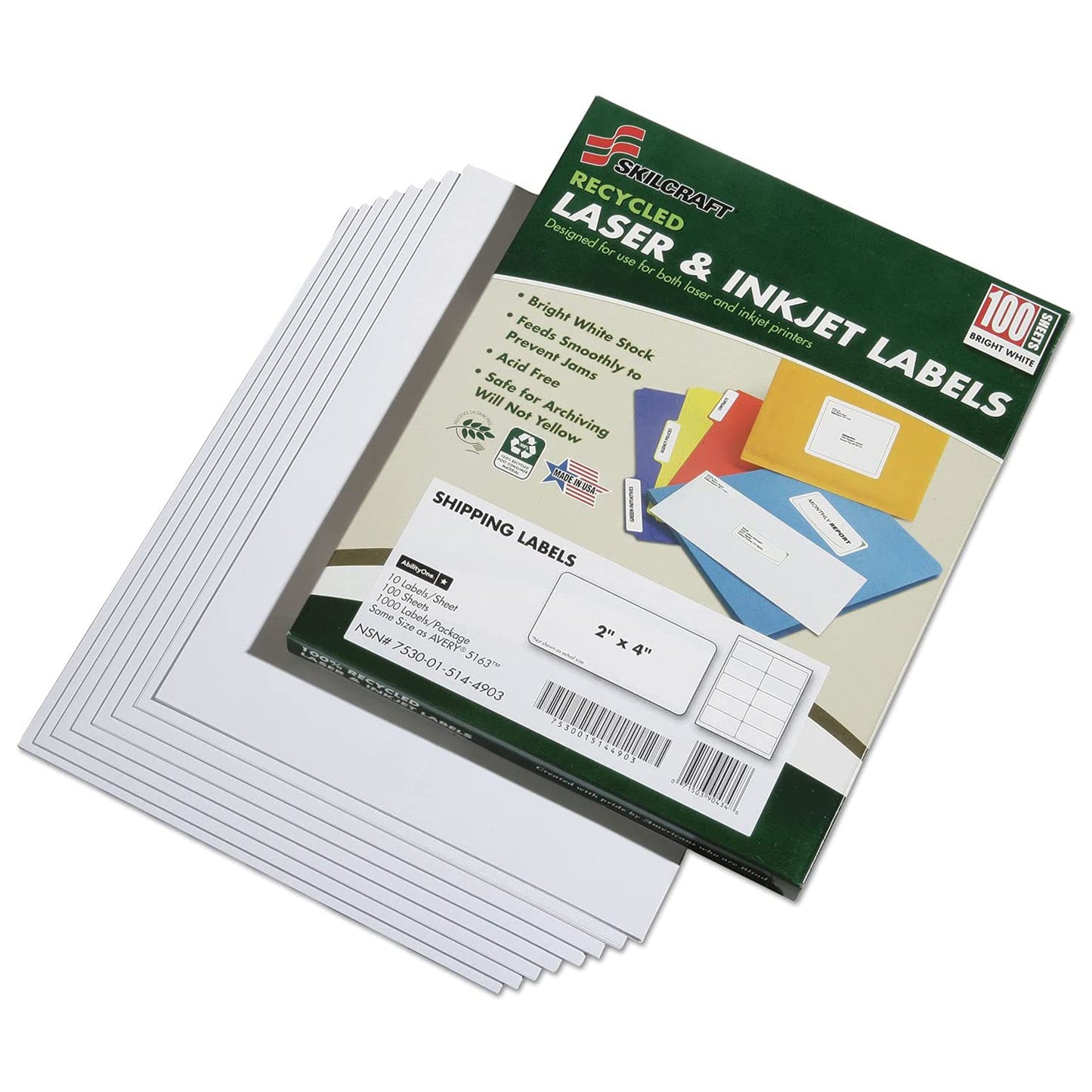 
                  
                    Skilcraft Recycled Laser & Inkjet Shipping Labels 2" x 4" - NSN: 7530-01-514-4903 - 1000 - USA Supply
                  
                