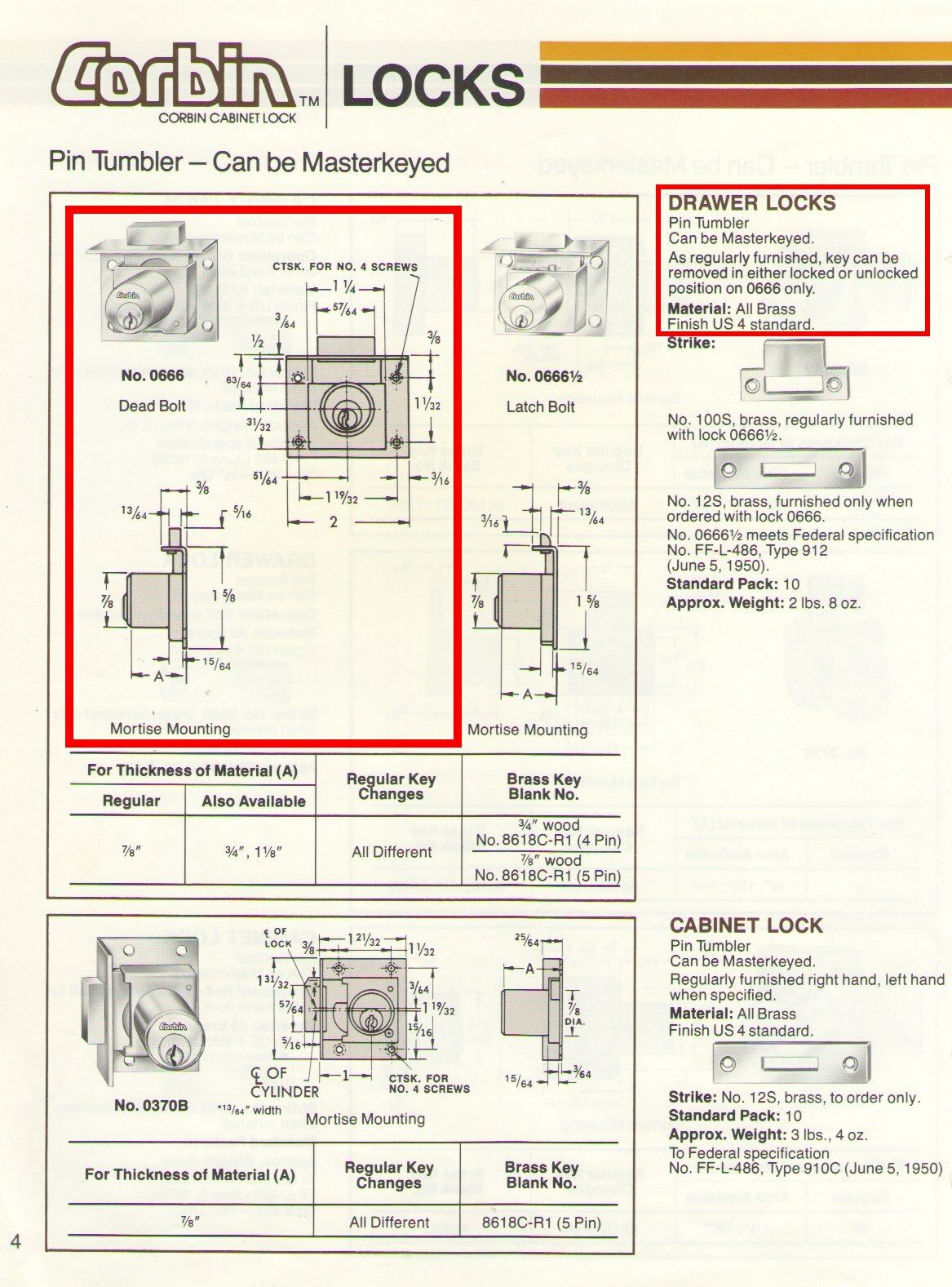
                  
                    Corbin Cabinet Lock - CCL 0666 Keyed Deadbolt Drawer Lock 7/8" Thickness - USA Supply
                  
                