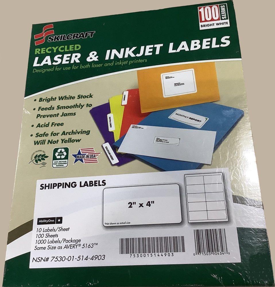 
                  
                    Skilcraft Recycled Laser & Inkjet Shipping Labels 2" x 4" - NSN: 7530-01-514-4903 - 1000
                  
                